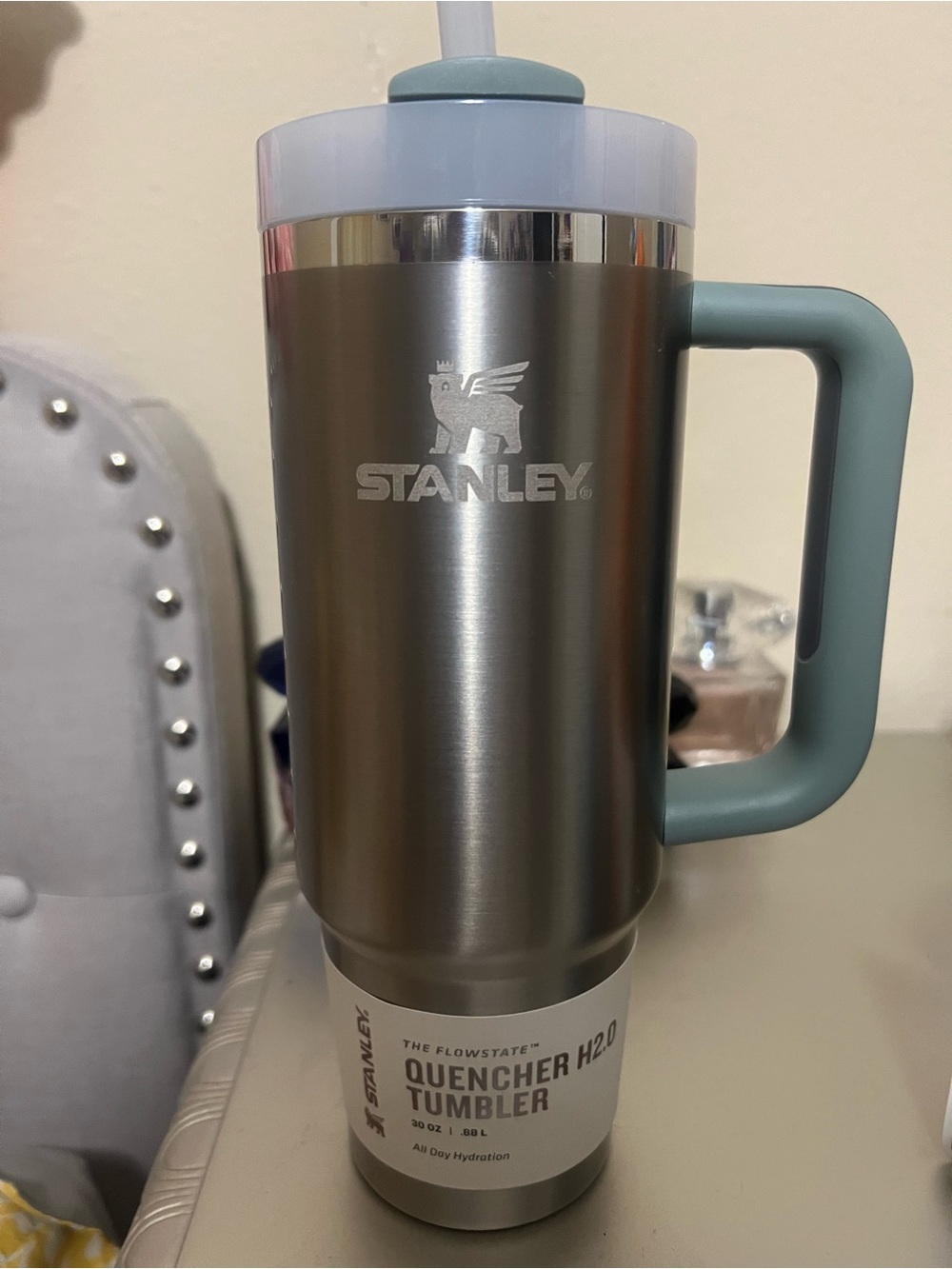 Stanley Stainless Steel Tumbler with Sage Handle and Light Blue Lid